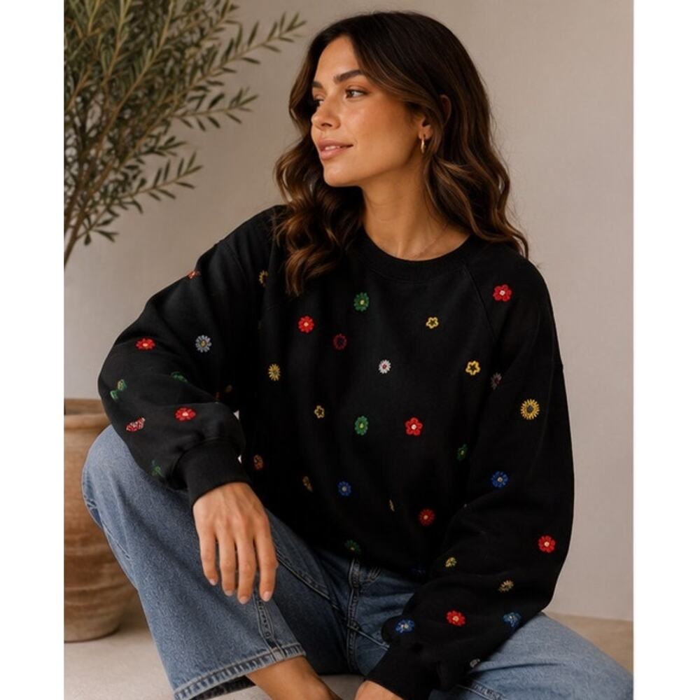 Mother Embroidered Floral Black Sweatshirt Small